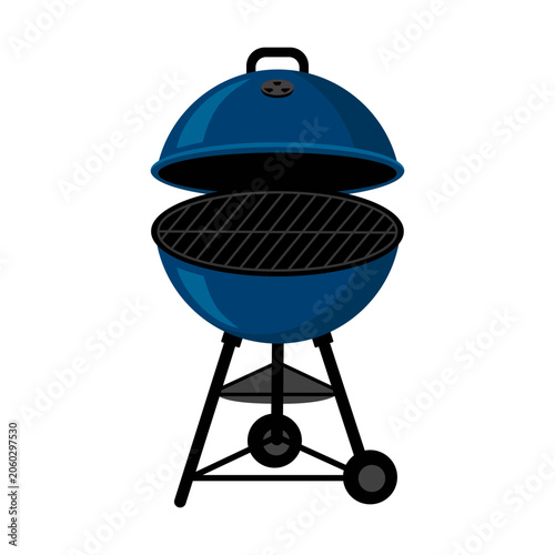 Round Blue Grill With Lid Open, Showing Grilling Rack and Wheels for Easy Mov...