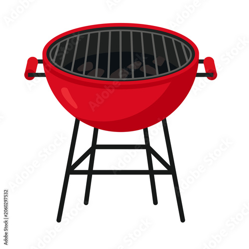 Red Barbecue Grill Stands on Black Legs Ready for Cooking Outdoors
