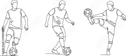 Soccer Player Action Poses Set Continuous One Line Drawing Minimalist Football Athlete Sport Vectors