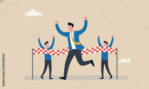 Business winner or glory to finish working project concept, joyful smart businessman worker running reaching goal at the finishing line as first winner