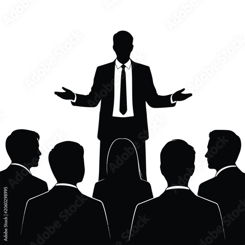 A black and white silhouette illustration of a business presentation scene 