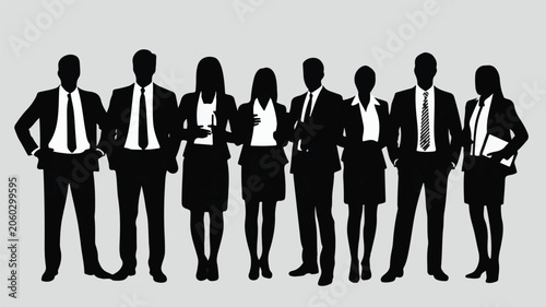 A black and white silhouette illustration of a diverse business team standing in a line against a light gray background. 
