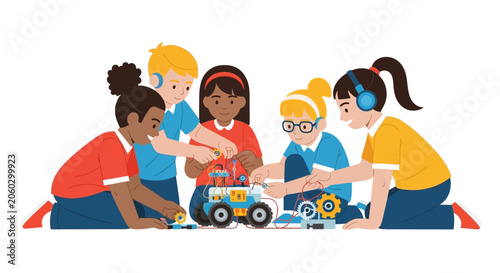 Diverse Group of Children Collaborating on a Robotics Project, Building a STEM Toy Robot Together, Education and Technology Illustration