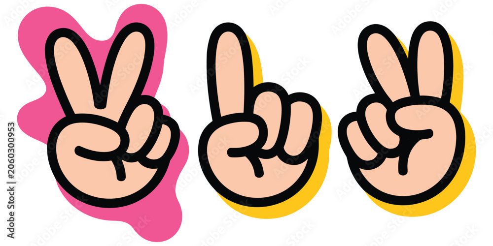 Fototapeta premium Cartoon hand gestures collection including peace and number one signs with colorful backgrounds