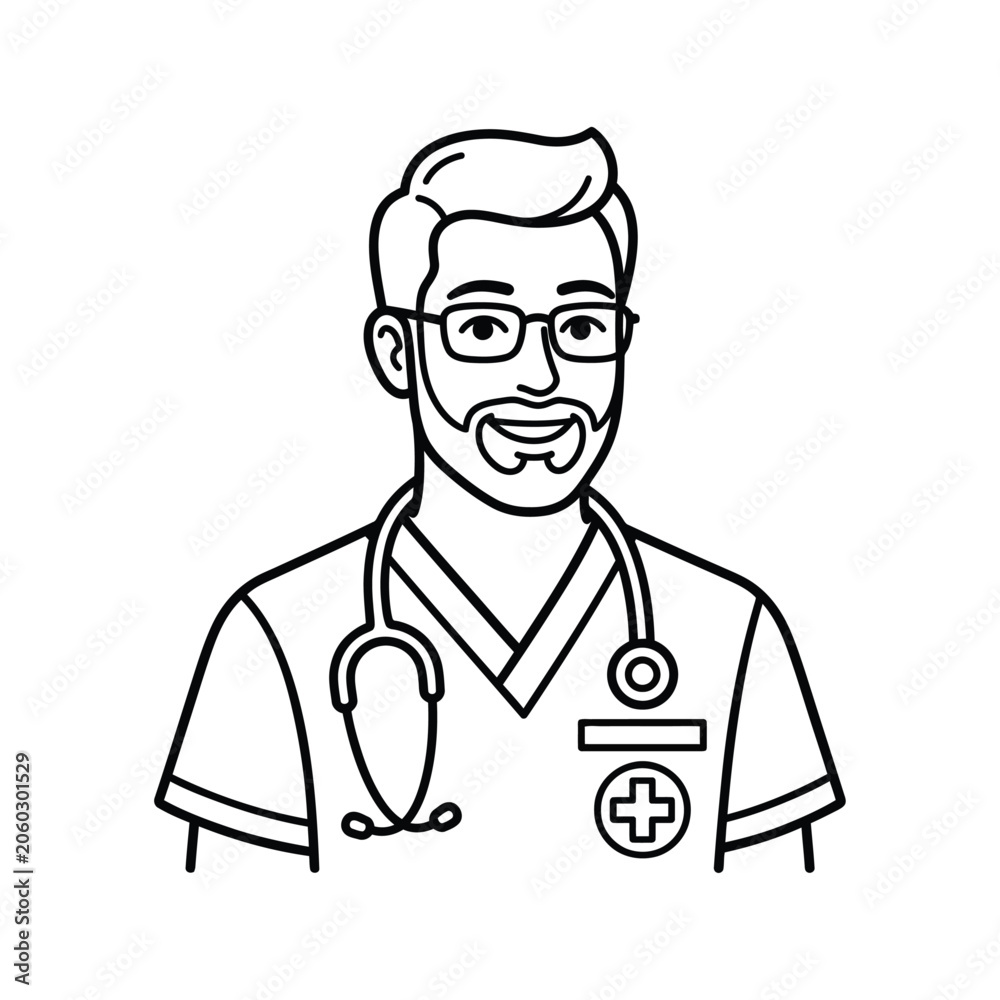 Fototapeta premium Doctor Portrait Illustration: A friendly male doctor with glasses and a stethoscope around his neck is illustrated in a clean, simple line art style, smiling confidently at the viewer.