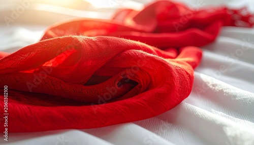 Traditional red San Fermin scarf neatly folded on a clean white fabric background with soft lighting