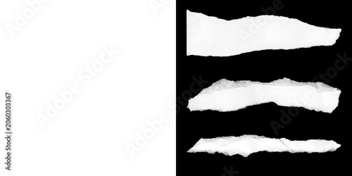 Loose torn white paper scraps exhibiting textured edges on transparent and solid black surfaces.
