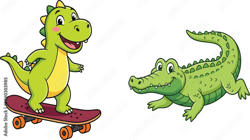 Obraz premium Cute Cartoon Dinosaur Riding Skateboard and Realistic Green Crocodile, Vector Illustration Set of Animal Characters