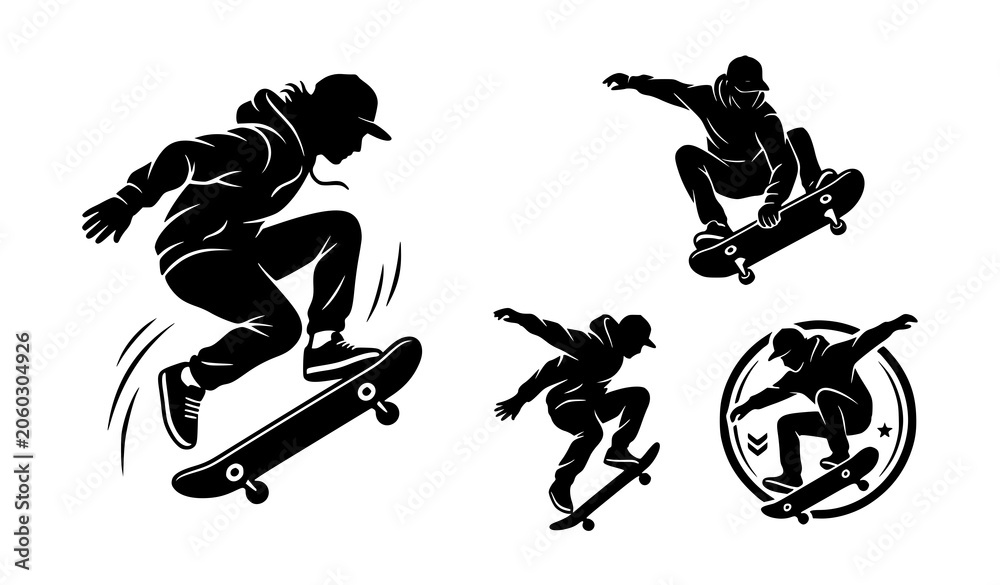 Naklejka premium Skateboarding Action Silhouette Collection Featuring Extreme Tricks Jumps and Sports Movement