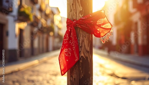 San Fermin festival atmosphere featuring a bright red patterned scarf on a traditional street post