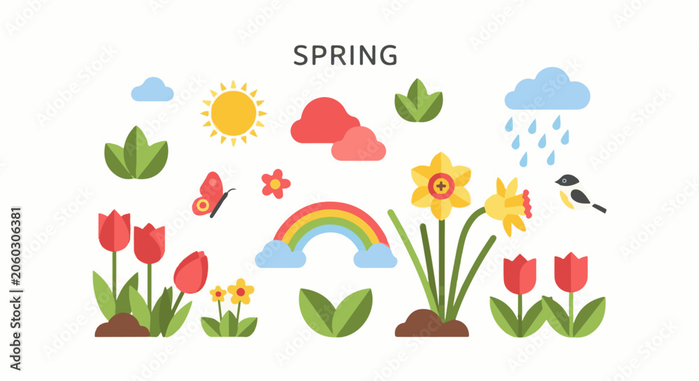 Naklejka premium Colorful spring illustration with flowers, rainbow, sun, and raindrops