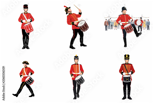 Obraz na plátně Collection of British guardsmen and marching band drummers in red uniforms playi