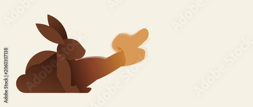 Minimalist panoramic vector banner illustration featuring a chocolate bunny silhouette with soft gradient shadows on a clean background, ideal for Easter promotions and seasonal greeting card design.