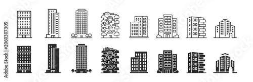 Foto Building and architecture icon set with city skyline property and urban outline