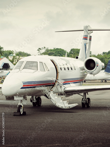 Private jet with the boarding ramp in place