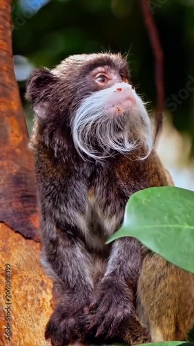Close-up of Emperor Tamarin Monkey (Saguinus imperator) with long white mustache sitting on a tree branch in the rainforest