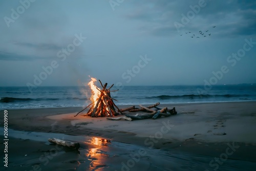 Bonfire on the beach at sunset