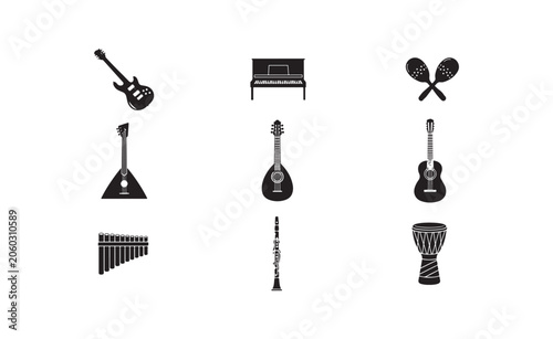 Fotografie Traditional world music instruments collection featuring drums strings and wind woodwinds