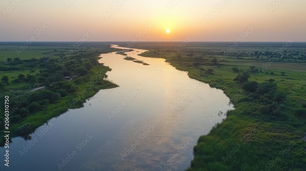 Fototapeta premium A Magnificent Sunset Paints the Sky with Golden Hues Over a Winding River Creating Stunning Reflections