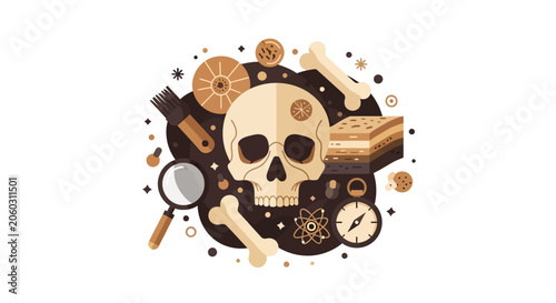 Archaeology and Paleontology Concept Illustration Featuring a Human Skull, Bones, Excavation Tools, and Scientific Symbols in Flat Design Style