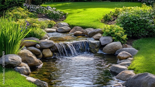 A gentle waterfall cascading over rocks into a tranquil creek surrounded by lush green foliage and manicured lawn