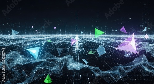 Abstract digital landscape with geometric shapes and futuristic technology