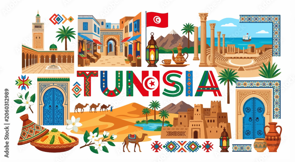 Fototapeta premium Vibrant illustration highlighting the cultural landmarks of Tunisia