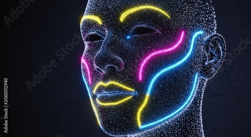 Abstract digital face with glowing lines representing data and technology