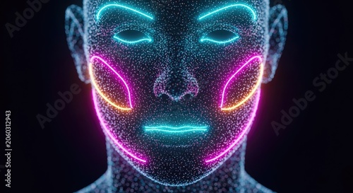 Abstract digital face with neon outlines on dark background