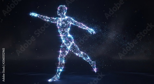Abstract digital figure dancing against dark background with starry effect
