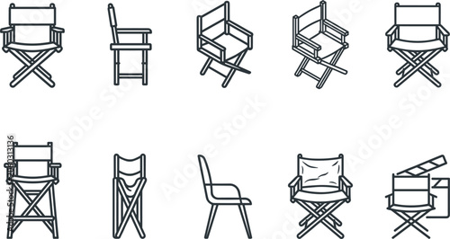 Directors Chair and Movie Production Line Icon Vector Set Featuring Folding Chairs, Clapperboard, Film Studio Gear, and Cinema Seating Symbols