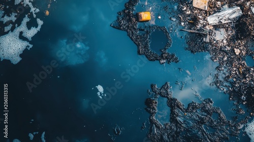 Contaminated Urban Lake Surface With Floating Debris And Oil Sheen Reflecting Cloudy Sky