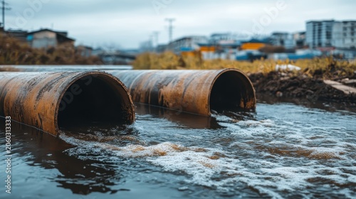 Contaminated urban wastewater flowing from large pipes into a city creek, causing significant pollution and environmental concern.