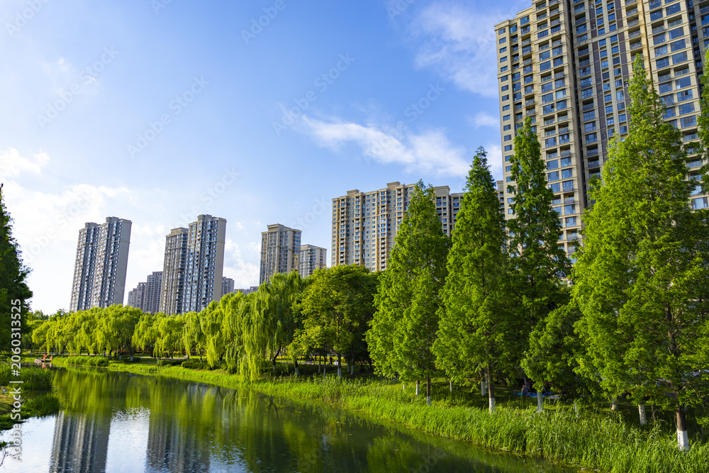 Fototapeta premium Urban Park River and High-Rise Apartments Under Blue Sky