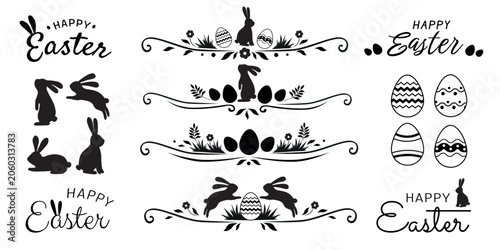 Happy Easter black silhouette vector set with bunny rabbits, decorated eggs and holiday lettering. Easter clipart collection for greeting cards, stickers, invitations, spring decor, crafts and festive