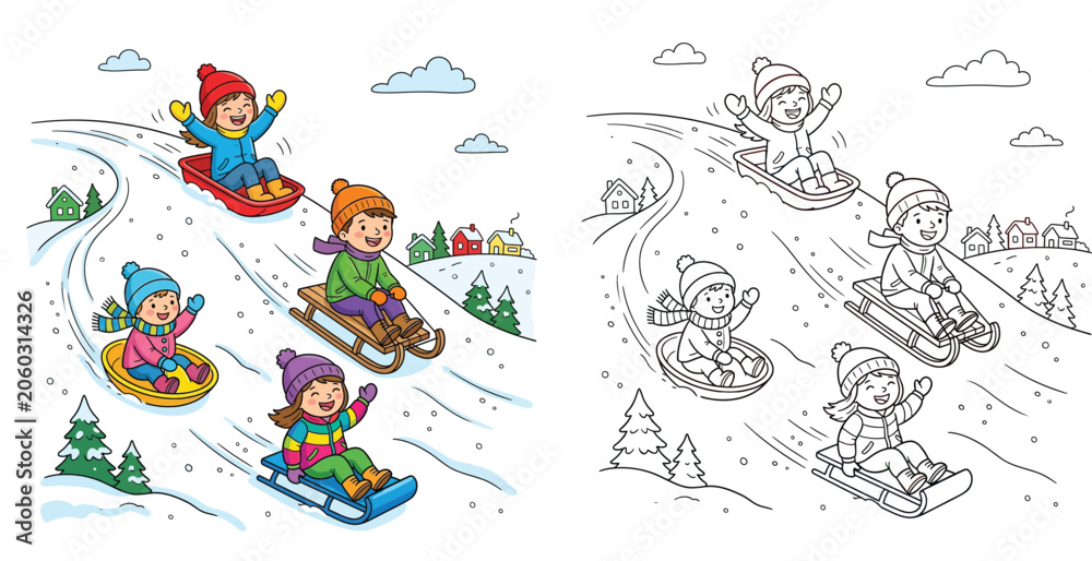 Naklejka premium Happy children riding sleds on snow hill winter fun cartoon illustration and black and white coloring book page vector