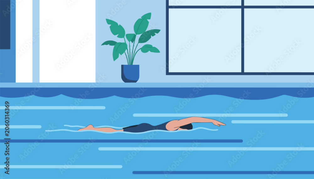 Obraz premium Fit male athlete swimming freestyle inside a bright indoor pool with a potted green plant in the background.