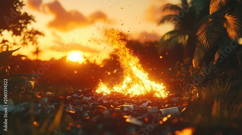 Fiery waste burning with dramatic flames and smoke against a vibrant sunset in a rural landscape