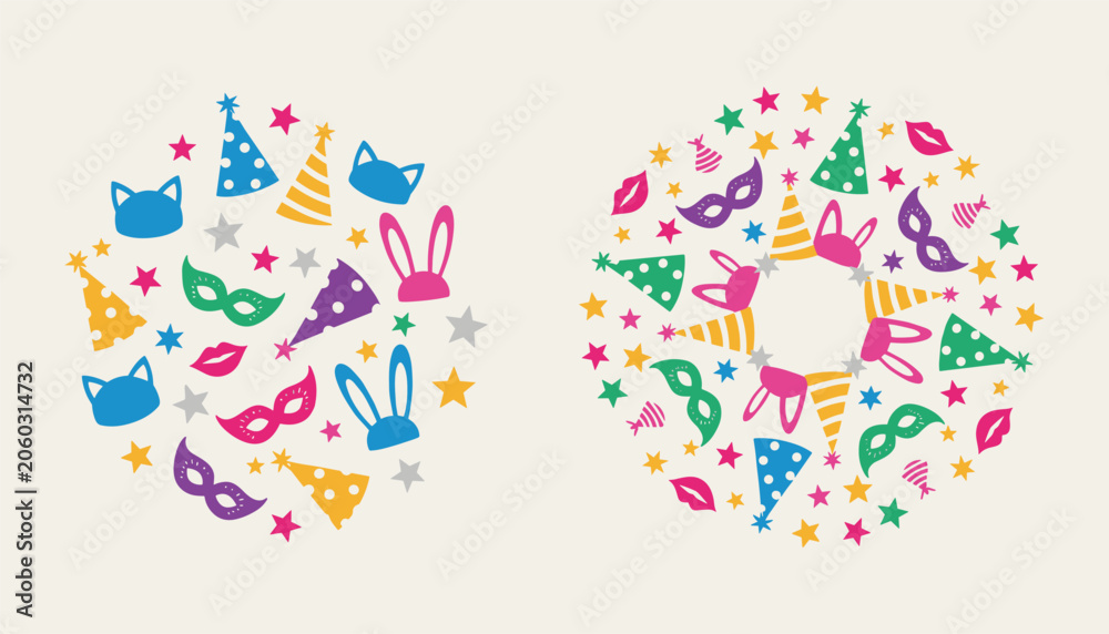 Fototapeta premium Two circular festive collages containing colorful masquerade masks, party hats, and playful bunny ears.