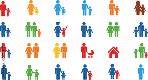 Colorful family icons set, parent and child pictograms, modern parenting vector illustration, flat design family lifestyle and childcare symbols