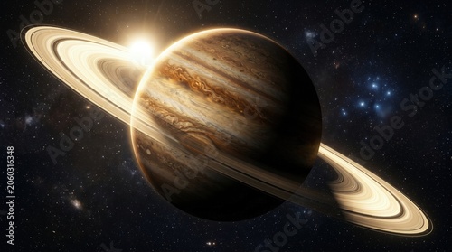 Stunning View of Saturn with Rings and Sunlight in Deep Space