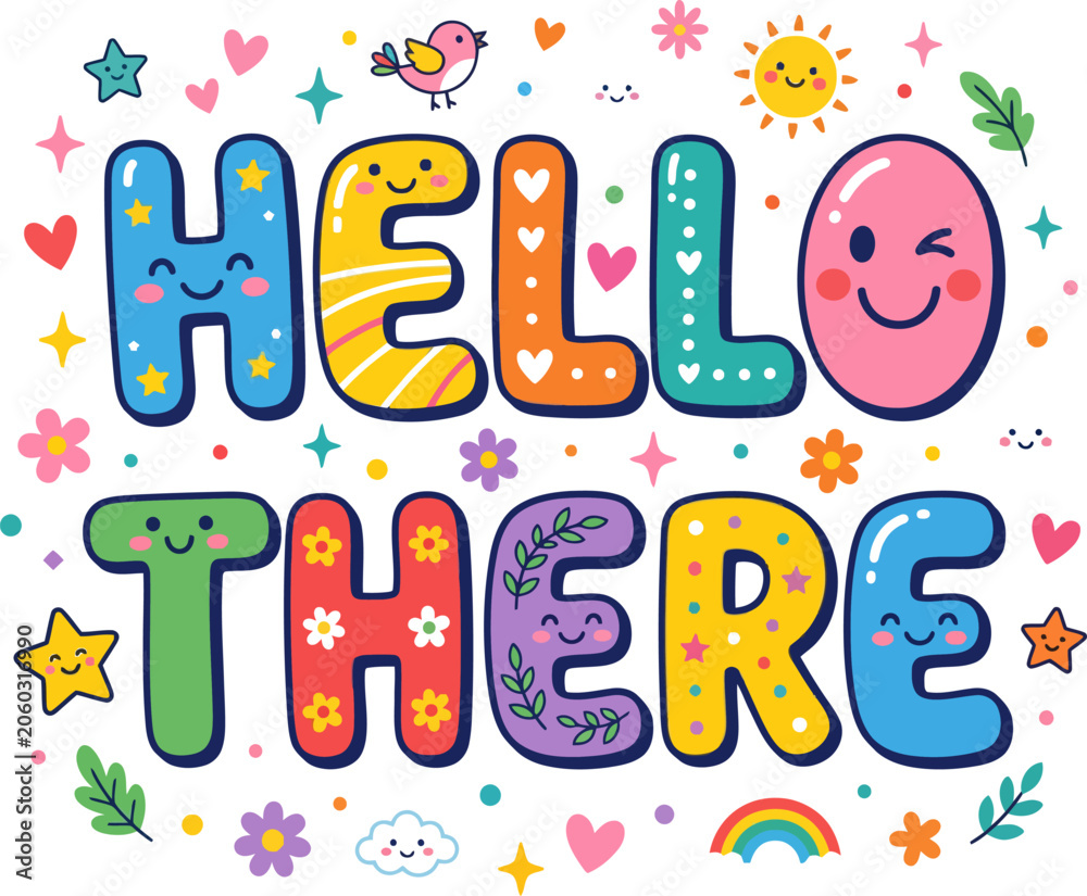 Fototapeta premium Colorful hello there greeting with cartoon characters