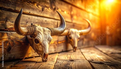 Extreme close up of decorative bull horns mounted on aged wood under dramatic lighting for San Fermin