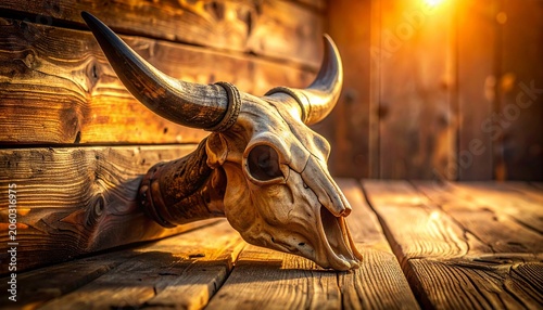 Authentic western style bull horns decoration on a rustic wooden background perfect for San Fermin