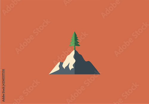 Stylized Mountain Peak With Single Green Tree.
