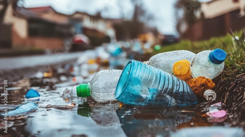Plastic bottles and debris clog a drainage ditch near a suburban street, creating an environmental hazard.