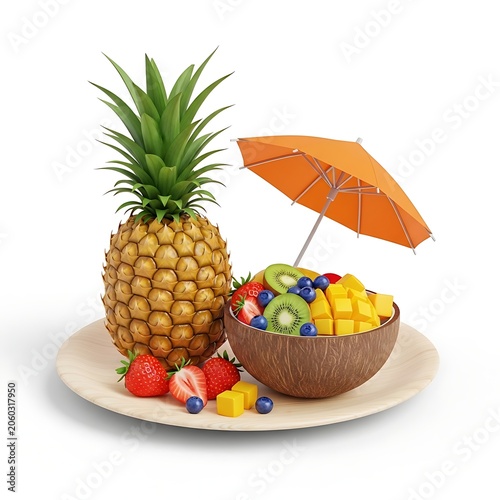 Tropical pineapple and fruit bowl under open umbrella