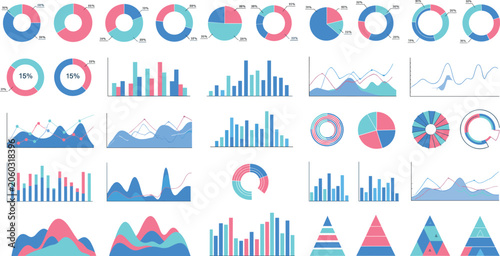 Colorful infographic vector charts set with pie graphs bar diagrams line charts area graphs pyramid shapes and statistics