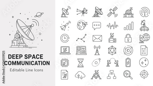 Deep Space Communication and Astronomy Editable Line Icons Set