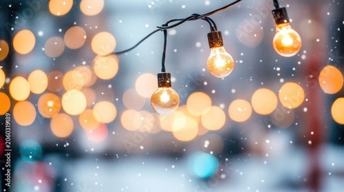 Soft winter wonderland with glowing holiday lights and falling snow, creating a magical festive atmosphere